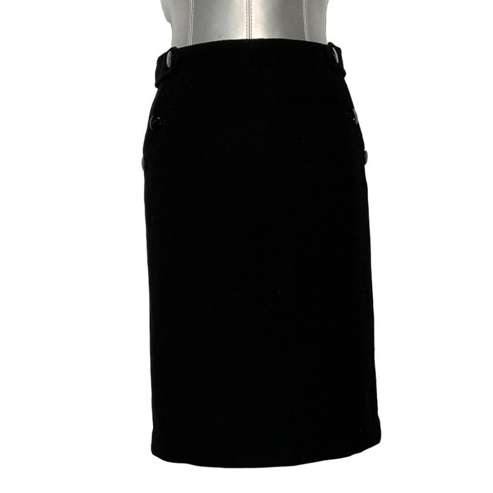 J Crew 0 Straight Skirt Felt Wool Bl Solid Black Shiny Buttons Pockets Cute Work